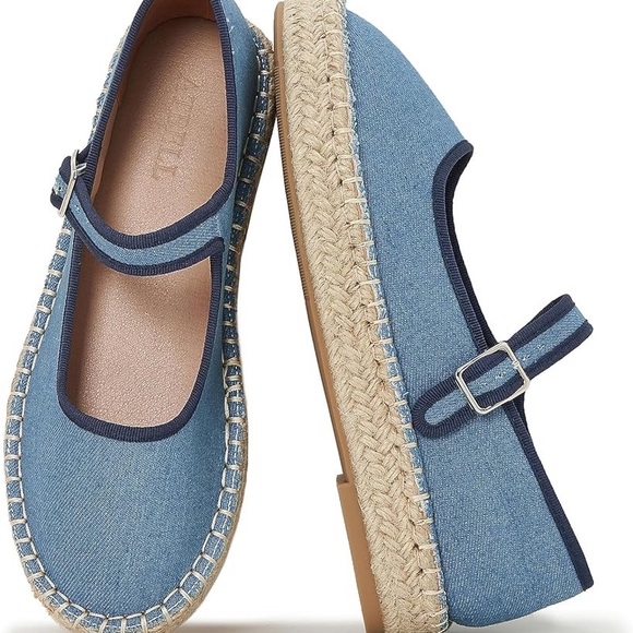 atbell Shoes - Women Mary Jane Flats Espadrilles Woven Espadrille Outsole Canvas Summer Blue
